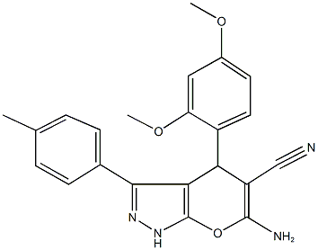 6-amino-4-(2,4-dimethoxyphenyl)-3-(4-methylphenyl)-1,4-dihydropyrano[2,3-c]pyrazole-5-carbonitrile Struktur