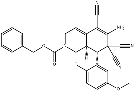 benzyl 6-amino-5,7,7-tricyano-8-(2-fluoro-5-methoxyphenyl)-3,7,8,8a-tetrahydro-2(1H)-isoquinolinecarboxylate Struktur