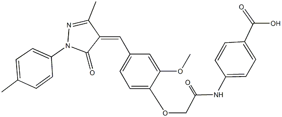 4-{[(2-methoxy-4-{[3-methyl-1-(4-methylphenyl)-5-oxo-1,5-dihydro-4H-pyrazol-4-ylidene]methyl}phenoxy)acetyl]amino}benzoic acid Struktur