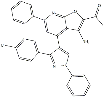 1-{3-amino-4-[3-(4-chlorophenyl)-1-phenyl-1H-pyrazol-4-yl]-6-phenylfuro[2,3-b]pyridin-2-yl}ethanone Struktur