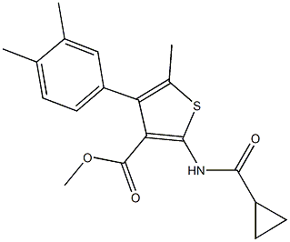 methyl 2-[(cyclopropylcarbonyl)amino]-4-(3,4-dimethylphenyl)-5-methyl-3-thiophenecarboxylate Struktur