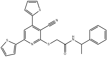 2-{[3-cyano-4,6-di(2-thienyl)-2-pyridinyl]sulfanyl}-N-(1-phenylethyl)acetamide Struktur