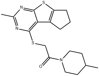 2-methyl-6,7-dihydro-5H-cyclopenta[4,5]thieno[2,3-d]pyrimidin-4-yl 2-(4-methyl-1-piperidinyl)-2-oxoethyl sulfide Struktur