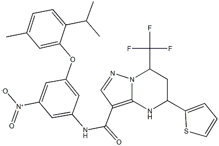 N-[3-nitro-5-(2-isopropyl-5-methylphenoxy)phenyl]-5-(2-thienyl)-7-(trifluoromethyl)-4,5,6,7-tetrahydropyrazolo[1,5-a]pyrimidine-3-carboxamide Struktur