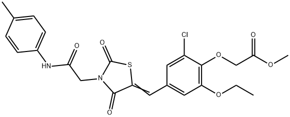 methyl [2-chloro-4-({2,4-dioxo-3-[2-oxo-2-(4-toluidino)ethyl]-1,3-thiazolidin-5-ylidene}methyl)-6-ethoxyphenoxy]acetate Struktur