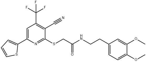 2-{[3-cyano-6-thien-2-yl-4-(trifluoromethyl)pyridin-2-yl]sulfanyl}-N-[2-(3,4-dimethoxyphenyl)ethyl]acetamide Struktur