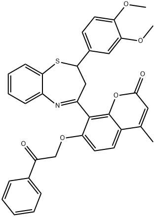 8-[2-(3,4-dimethoxyphenyl)-2,3-dihydro-1,5-benzothiazepin-4-yl]-4-methyl-7-(2-oxo-2-phenylethoxy)-2H-chromen-2-one Struktur