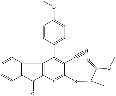 methyl 2-{[3-cyano-4-(4-methoxyphenyl)-9-oxo-9H-indeno[2,1-b]pyridin-2-yl]sulfanyl}propanoate Struktur