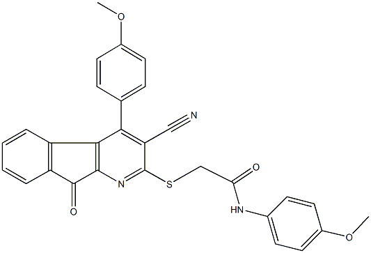 2-{[3-cyano-4-(4-methoxyphenyl)-9-oxo-9H-indeno[2,1-b]pyridin-2-yl]sulfanyl}-N-(4-methoxyphenyl)acetamide Struktur