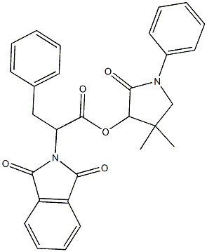 4,4-dimethyl-2-oxo-1-phenyl-3-pyrrolidinyl 2-(1,3-dioxo-1,3-dihydro-2H-isoindol-2-yl)-3-phenylpropanoate Struktur