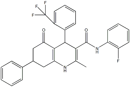 N-(2-fluorophenyl)-2-methyl-5-oxo-7-phenyl-4-[2-(trifluoromethyl)phenyl]-1,4,5,6,7,8-hexahydro-3-quinolinecarboxamide Struktur