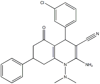 2-amino-4-(3-chlorophenyl)-1-(dimethylamino)-5-oxo-7-phenyl-1,4,5,6,7,8-hexahydro-3-quinolinecarbonitrile Struktur