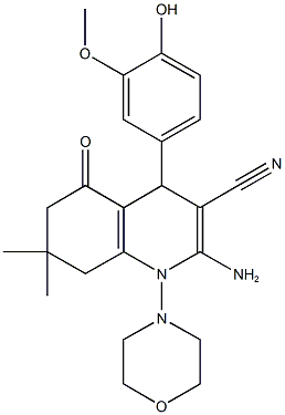 2-amino-4-(4-hydroxy-3-methoxyphenyl)-7,7-dimethyl-1-(4-morpholinyl)-5-oxo-1,4,5,6,7,8-hexahydro-3-quinolinecarbonitrile Struktur