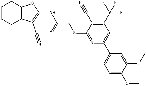 2-{[3-cyano-6-(3,4-dimethoxyphenyl)-4-(trifluoromethyl)pyridin-2-yl]sulfanyl}-N-(3-cyano-4,5,6,7-tetrahydro-1-benzothien-2-yl)acetamide Struktur