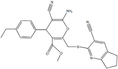 methyl 6-amino-5-cyano-2-{[(3-cyano-6,7-dihydro-5H-cyclopenta[b]pyridin-2-yl)sulfanyl]methyl}-4-(4-ethylphenyl)-4H-pyran-3-carboxylate Struktur