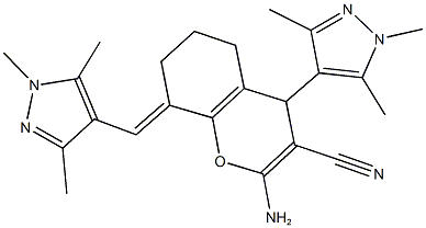 2-amino-4-(1,3,5-trimethyl-1H-pyrazol-4-yl)-8-[(1,3,5-trimethyl-1H-pyrazol-4-yl)methylene]-5,6,7,8-tetrahydro-4H-chromene-3-carbonitrile Struktur