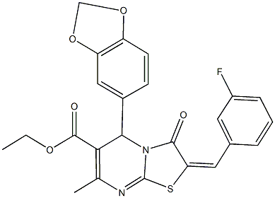 ethyl 5-(1,3-benzodioxol-5-yl)-2-(3-fluorobenzylidene)-7-methyl-3-oxo-2,3-dihydro-5H-[1,3]thiazolo[3,2-a]pyrimidine-6-carboxylate Struktur