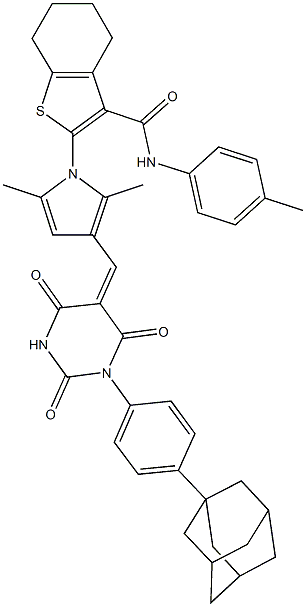 2-{3-[(1-[4-(1-adamantyl)phenyl]-2,4,6-trioxotetrahydro-5(2H)-pyrimidinylidene)methyl]-2,5-dimethyl-1H-pyrrol-1-yl}-N-(4-methylphenyl)-4,5,6,7-tetrahydro-1-benzothiophene-3-carboxamide Struktur