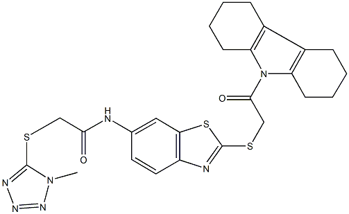 2-[(1-methyl-1H-tetraazol-5-yl)sulfanyl]-N-(2-{[2-(1,2,3,4,5,6,7,8-octahydro-9H-carbazol-9-yl)-2-oxoethyl]sulfanyl}-1,3-benzothiazol-6-yl)acetamide Struktur