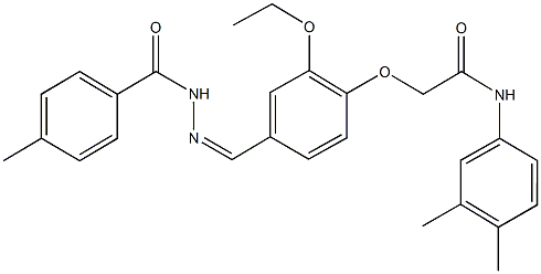 N-(3,4-dimethylphenyl)-2-{2-ethoxy-4-[2-(4-methylbenzoyl)carbohydrazonoyl]phenoxy}acetamide Struktur