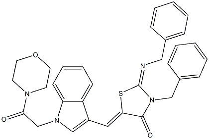 3-benzyl-2-(benzylimino)-5-({1-[2-(4-morpholinyl)-2-oxoethyl]-1H-indol-3-yl}methylene)-1,3-thiazolidin-4-one Struktur