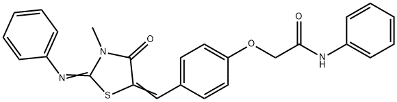 2-(4-{[3-methyl-4-oxo-2-(phenylimino)-1,3-thiazolidin-5-ylidene]methyl}phenoxy)-N-phenylacetamide Struktur