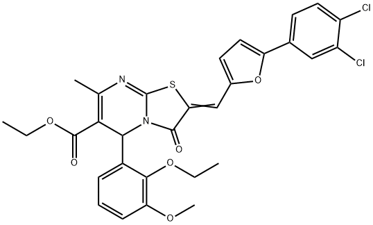 ethyl 2-{[5-(3,4-dichlorophenyl)-2-furyl]methylene}-5-(2-ethoxy-3-methoxyphenyl)-7-methyl-3-oxo-2,3-dihydro-5H-[1,3]thiazolo[3,2-a]pyrimidine-6-carboxylate Struktur