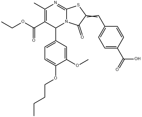 4-[(5-(4-butoxy-3-methoxyphenyl)-6-(ethoxycarbonyl)-7-methyl-3-oxo-5H-[1,3]thiazolo[3,2-a]pyrimidin-2(3H)-ylidene)methyl]benzoic acid Struktur