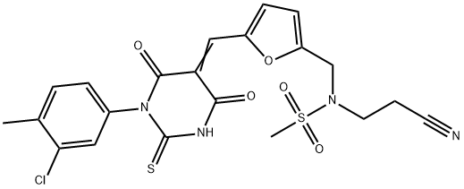 N-({5-[(1-(3-chloro-4-methylphenyl)-4,6-dioxo-2-thioxotetrahydro-5(2H)-pyrimidinylidene)methyl]-2-furyl}methyl)-N-(2-cyanoethyl)methanesulfonamide Struktur