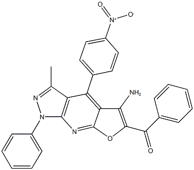 (5-amino-4-{4-nitrophenyl}-3-methyl-1-phenyl-1H-furo[2,3-b]pyrazolo[4,3-e]pyridin-6-yl)(phenyl)methanone Struktur