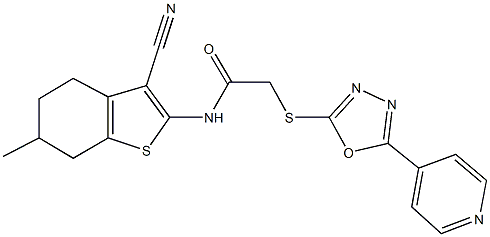 N-(3-cyano-6-methyl-4,5,6,7-tetrahydro-1-benzothien-2-yl)-2-{[5-(4-pyridinyl)-1,3,4-oxadiazol-2-yl]sulfanyl}acetamide Struktur