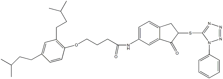 4-(2,4-diisopentylphenoxy)-N-{3-oxo-2-[(1-phenyl-1H-tetraazol-5-yl)sulfanyl]-2,3-dihydro-1H-inden-5-yl}butanamide Struktur