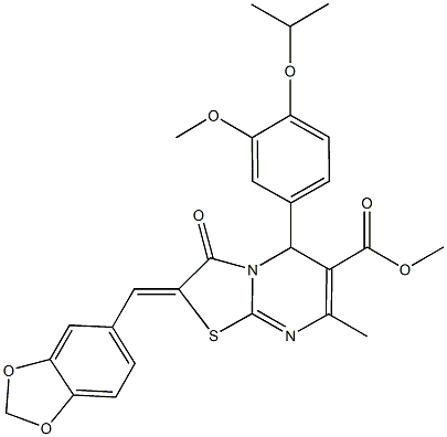 methyl 2-(1,3-benzodioxol-5-ylmethylene)-5-(4-isopropoxy-3-methoxyphenyl)-7-methyl-3-oxo-2,3-dihydro-5H-[1,3]thiazolo[3,2-a]pyrimidine-6-carboxylate Struktur