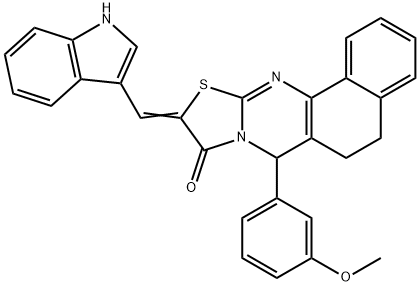 10-(1H-indol-3-ylmethylene)-7-(3-methoxyphenyl)-5,7-dihydro-6H-benzo[h][1,3]thiazolo[2,3-b]quinazolin-9(10H)-one Struktur