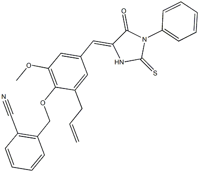 2-({2-allyl-6-methoxy-4-[(5-oxo-1-phenyl-2-thioxo-4-imidazolidinylidene)methyl]phenoxy}methyl)benzonitrile Struktur