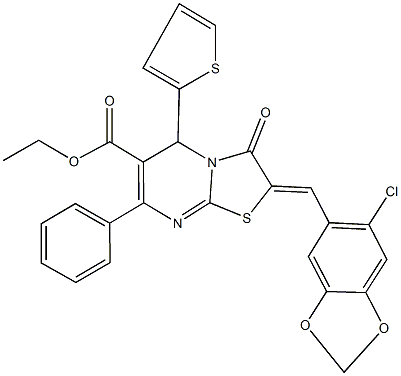 ethyl 2-[(6-chloro-1,3-benzodioxol-5-yl)methylene]-3-oxo-7-phenyl-5-(2-thienyl)-2,3-dihydro-5H-[1,3]thiazolo[3,2-a]pyrimidine-6-carboxylate Struktur