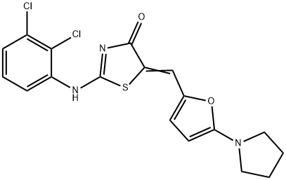 2-[(2,3-dichlorophenyl)imino]-5-{[5-(1-pyrrolidinyl)-2-furyl]methylene}-1,3-thiazolidin-4-one Struktur