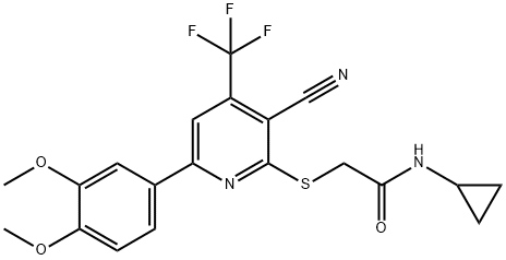 2-{[3-cyano-6-(3,4-dimethoxyphenyl)-4-(trifluoromethyl)pyridin-2-yl]sulfanyl}-N-cyclopropylacetamide Struktur