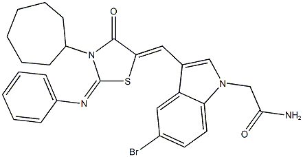 2-(5-bromo-3-{[3-cycloheptyl-4-oxo-2-(phenylimino)-1,3-thiazolidin-5-ylidene]methyl}-1H-indol-1-yl)acetamide Struktur