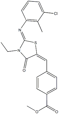 methyl 4-({2-[(3-chloro-2-methylphenyl)imino]-3-ethyl-4-oxo-1,3-thiazolidin-5-ylidene}methyl)benzoate Struktur