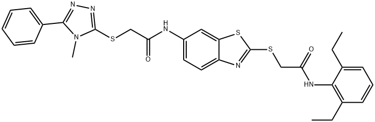 N-(2-{[2-(2,6-diethylanilino)-2-oxoethyl]sulfanyl}-1,3-benzothiazol-6-yl)-2-[(4-methyl-5-phenyl-4H-1,2,4-triazol-3-yl)sulfanyl]acetamide Struktur