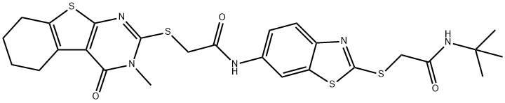 N-(2-{[2-(tert-butylamino)-2-oxoethyl]sulfanyl}-1,3-benzothiazol-6-yl)-2-[(3-methyl-4-oxo-3,4,5,6,7,8-hexahydro[1]benzothieno[2,3-d]pyrimidin-2-yl)sulfanyl]acetamide Struktur