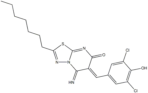 6-(3,5-dichloro-4-hydroxybenzylidene)-2-heptyl-5-imino-5,6-dihydro-7H-[1,3,4]thiadiazolo[3,2-a]pyrimidin-7-one Struktur