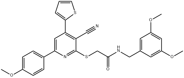 2-{[3-cyano-6-(4-methoxyphenyl)-4-thien-2-ylpyridin-2-yl]sulfanyl}-N-(3,5-dimethoxybenzyl)acetamide Struktur