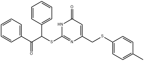 2-[(4-hydroxy-6-{[(4-methylphenyl)sulfanyl]methyl}-2-pyrimidinyl)sulfanyl]-1,2-diphenylethanone Struktur