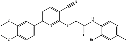 N-(2-bromo-4-methylphenyl)-2-{[3-cyano-6-(3,4-dimethoxyphenyl)pyridin-2-yl]sulfanyl}acetamide Struktur