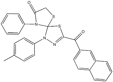 1-(4-methylphenyl)-3-(2-naphthoyl)-9-phenyl-4,6-dithia-1,2,9-triazaspiro[4.4]non-2-en-8-one Struktur