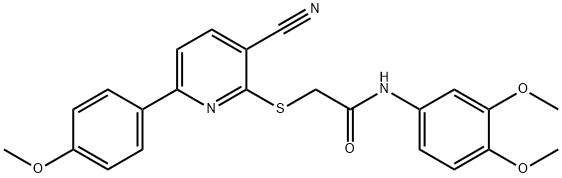 2-{[3-cyano-6-(4-methoxyphenyl)pyridin-2-yl]sulfanyl}-N-(3,4-dimethoxyphenyl)acetamide Struktur