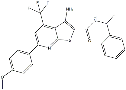 3-amino-6-(4-methoxyphenyl)-N-(1-phenylethyl)-4-(trifluoromethyl)thieno[2,3-b]pyridine-2-carboxamide Struktur