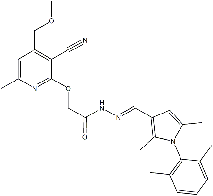 2-{[3-cyano-4-(methoxymethyl)-6-methyl-2-pyridinyl]oxy}-N'-{[1-(2,6-dimethylphenyl)-2,5-dimethyl-1H-pyrrol-3-yl]methylene}acetohydrazide Struktur